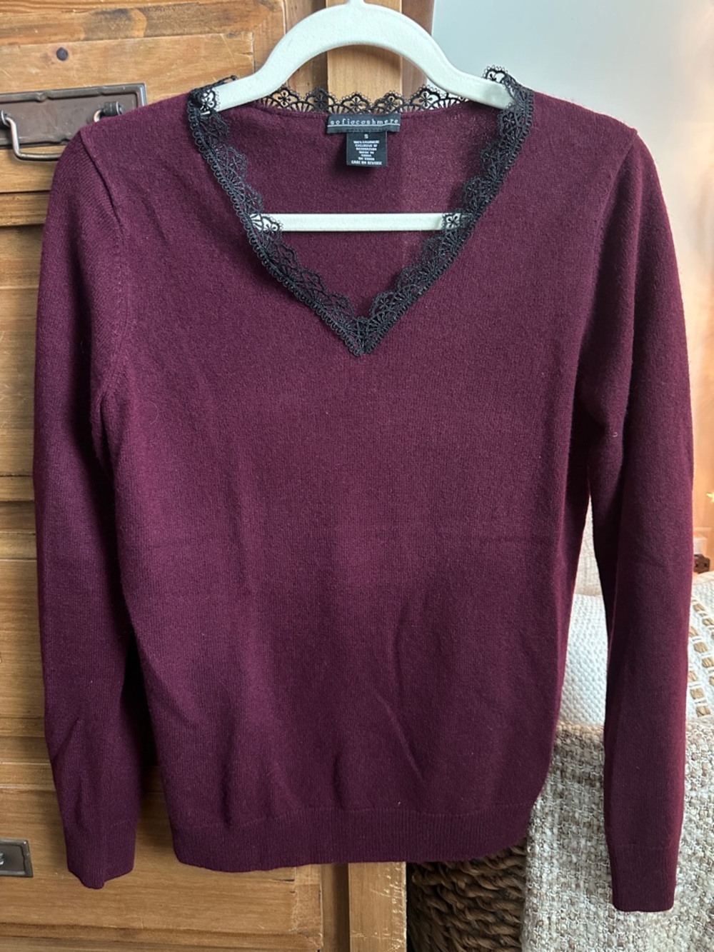 Sofia Cashmere Wine V-Neck Sweater with Black Lace Trim
